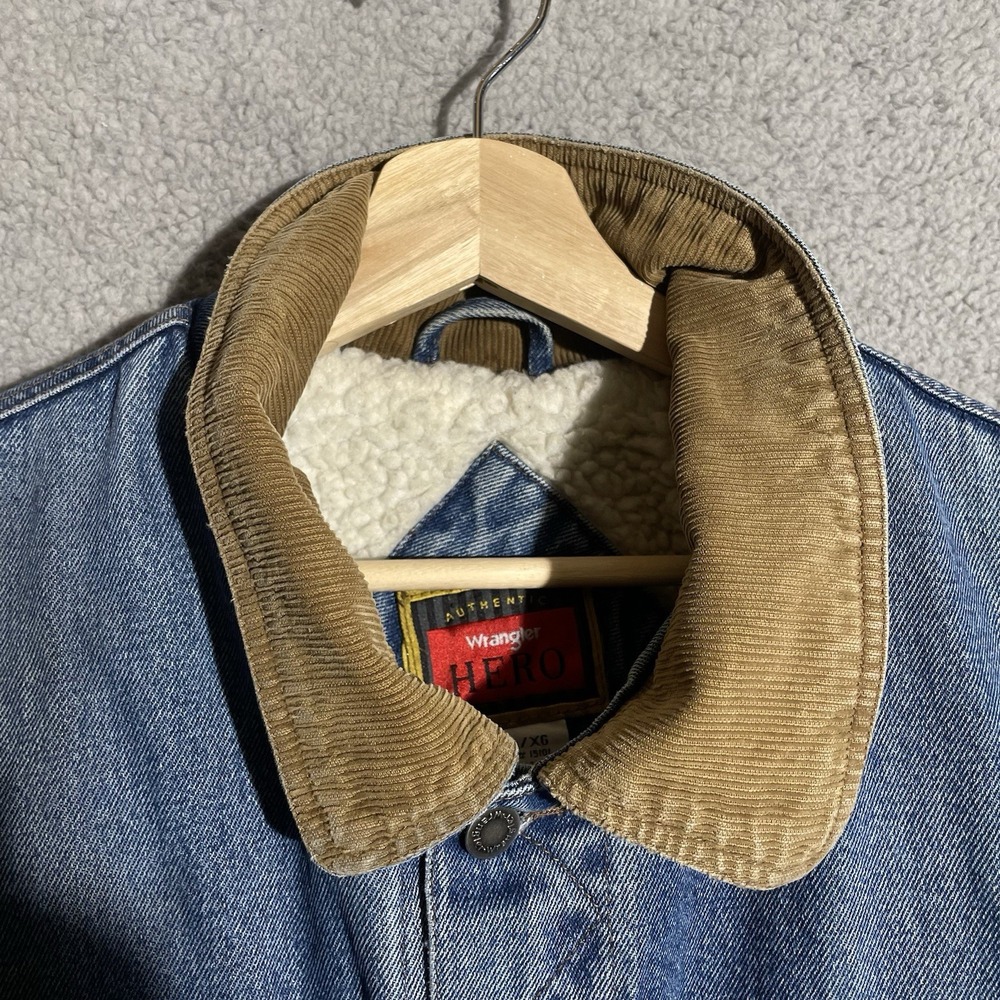 Wrangler Hero Jacket Mens XL Blue Sherpa Lined Denim Corduroy Collar Distressed - Picture 3 of 13